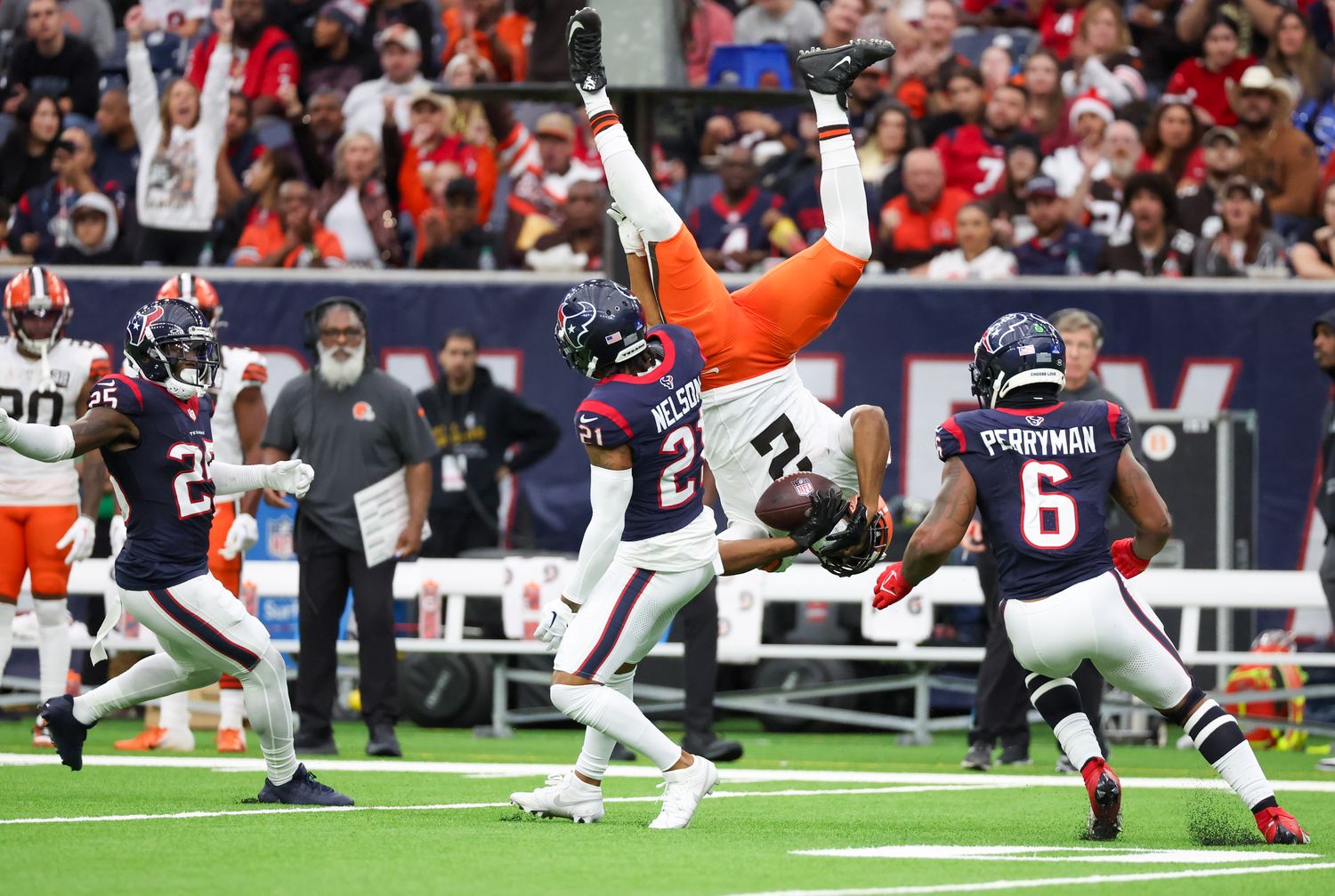Cleveland Browns wide receiver Amari Cooper (2) is turned upside down as his is tackled by Houston Texans cornerback Steven Nelson (21) in the second half at NRG Stadium.